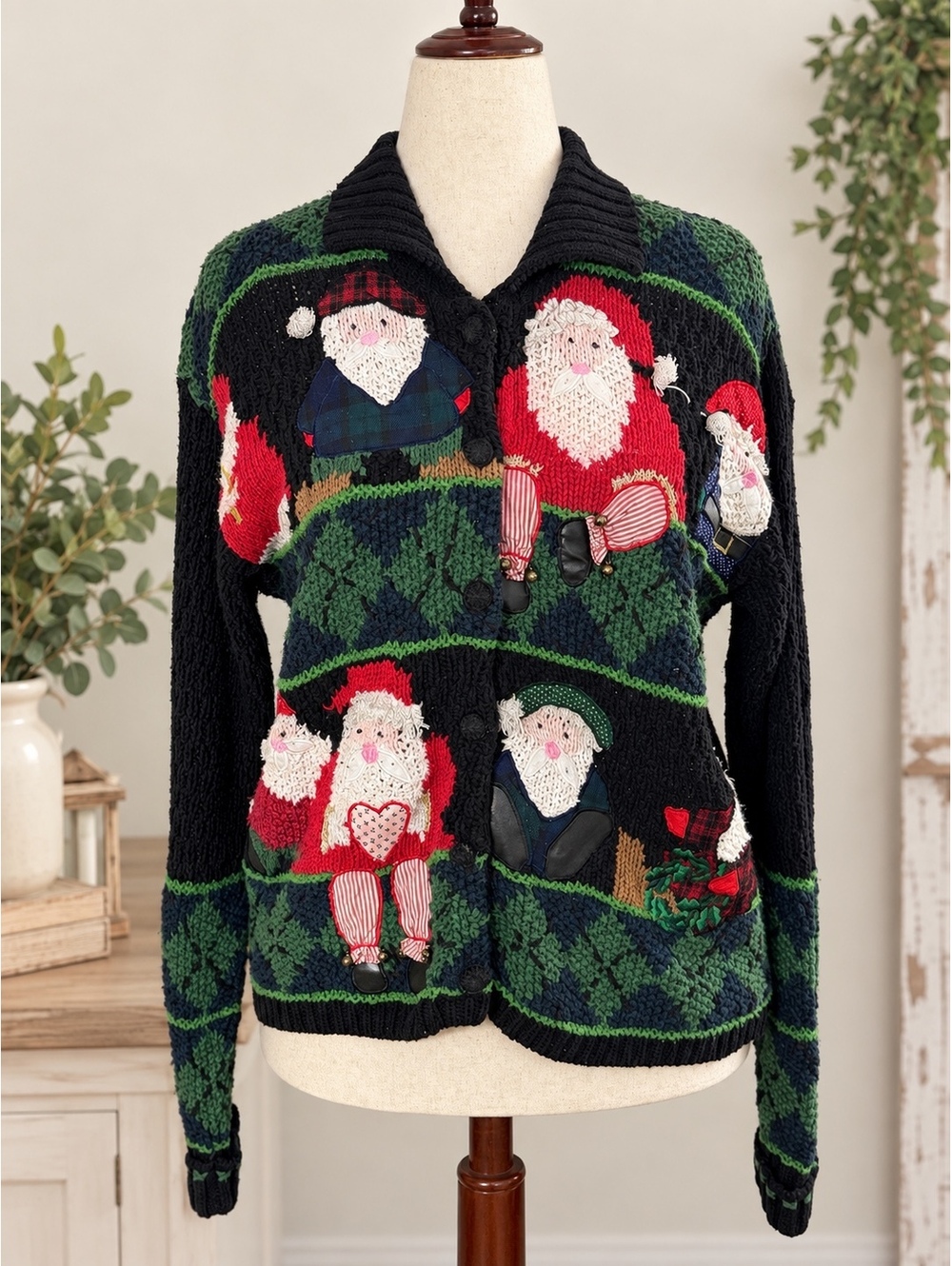 Handmade Santa Christmas Sweater Cardigan 100% Cotton Holiday (cp/cl2